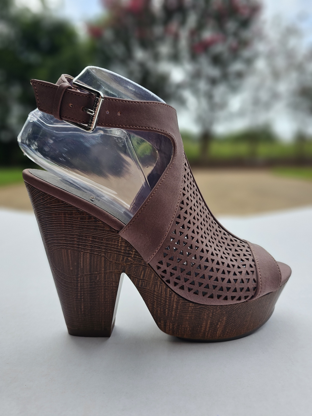 Guess Brown Laser-Cut Platform Heels with Ankle Strap